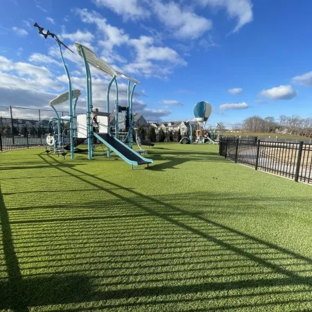 a large grass field with a roller coaster in the background