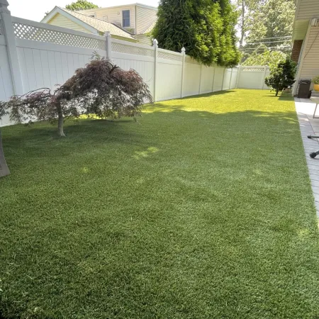 a yard with a fence and trees