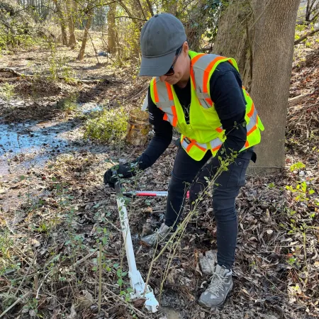 Person in safety vest and cap using a tool to clear brush near a small forest stream on a sunny day