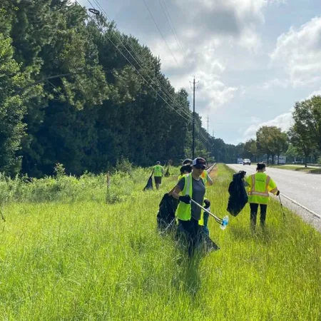 Volunteers in yellow vests cleaning roadside grassy area collecting trash under a partly cloudy sky.