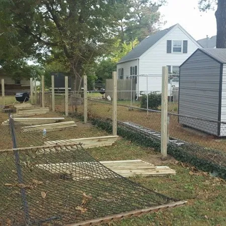 New wooden fence posts installed beside a damaged chain-link fence in a residential backyard with a white shed.