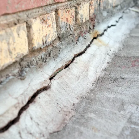 Close-up of cracked concrete along the base of a brick wall showing damage and wear.