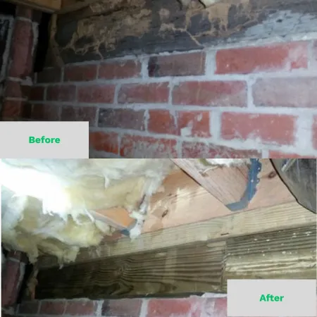 Before and after images showing repaired brick wall and replaced wooden beam with insulation in crawl space.