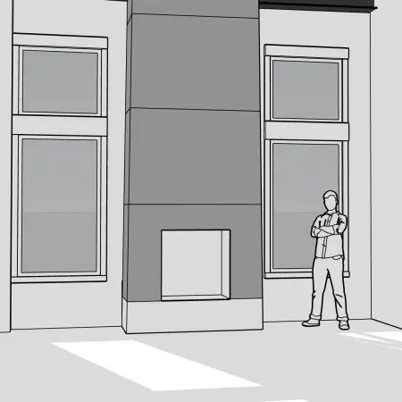 Person standing in a room with tall windows and a modern rectangular fireplace under exposed ceiling beams.