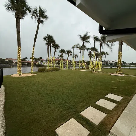 Palm trees wrapped with yellow holiday lights on a lawn near waterfront houses under cloudy sky.