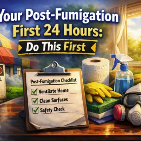 Post-fumigation checklist with ventilate, clean, and safety items next to protective gear and cleaning supplies by a sunny window.
