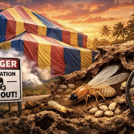 Person in protective gear fumigating termite nest near colorful tent at sunset with warning sign present.