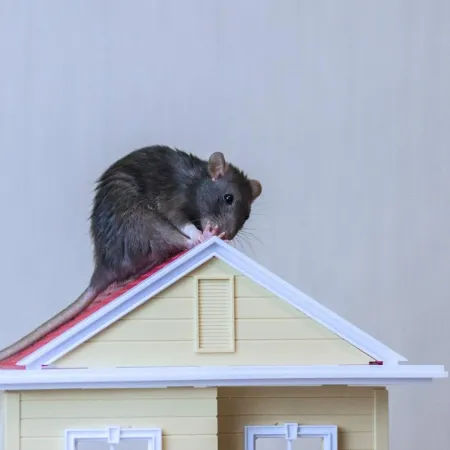 Black rat perched on the roof of a small yellow model house against a plain background