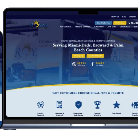Royal Pest & Termite Services website on mobile and laptop showcasing pest control services in South Florida.