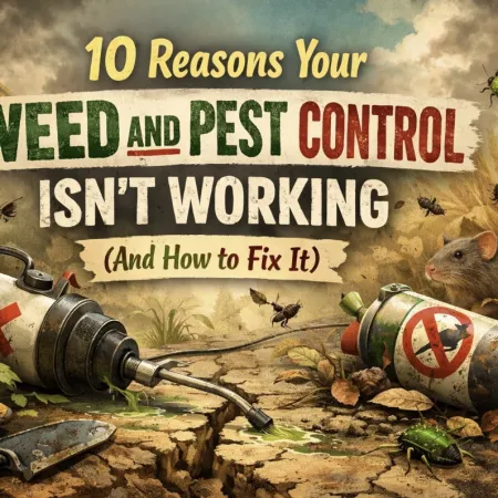 Illustration highlighting reasons why weed and pest control fails with gardening tools and pests around.