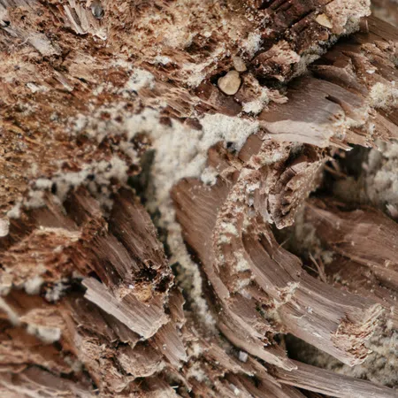 Close-up of decayed, fragmented wood with sawdust and intricate splinter textures in natural brown tones.