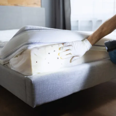 Person inspecting mattress interior with flashlight and gloves during bed bug or pest check in bedroom.