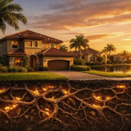 Suburban house at sunset with underground glowing root system beneath the lawn and driveway.