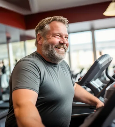 Smiling bearded man in gray shirt working out on treadmill in bright modern gym interior