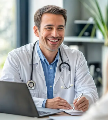 Smiling male doctor wearing white coat and stethoscope consulting a patient with laptop and notes on desk