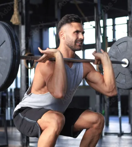 Man performing barbell squat exercise in gym wearing workout clothes with focused expression