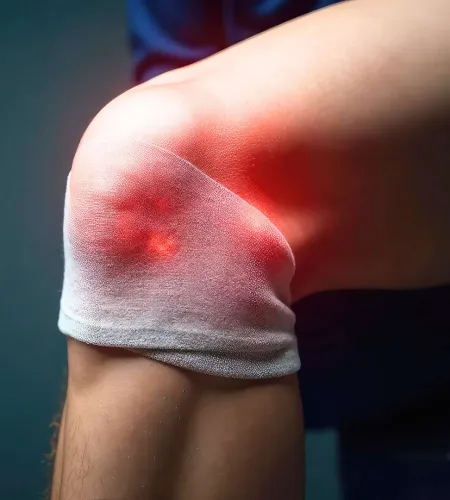 Knee wrapped in a bandage with red glowing pain spots indicating inflammation or injury.