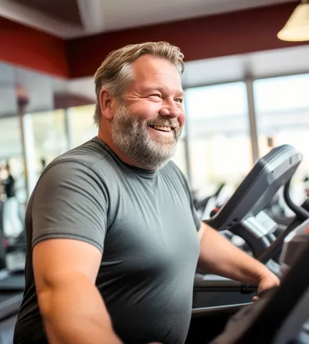 Middle-aged man with beard smiling while exercising on a treadmill in a bright gym setting