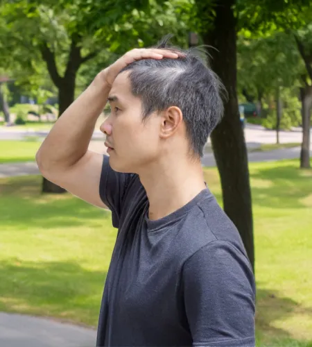 Man in black shirt touches thinning hair on head outdoors in sunny park with green trees and grass.