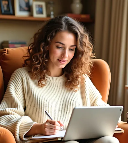 Young woman with curly hair writing notes while looking at a tablet in a cozy living room chair.