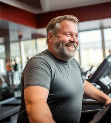 Smiling middle-aged man exercising on treadmill in bright gym with large windows and modern equipment