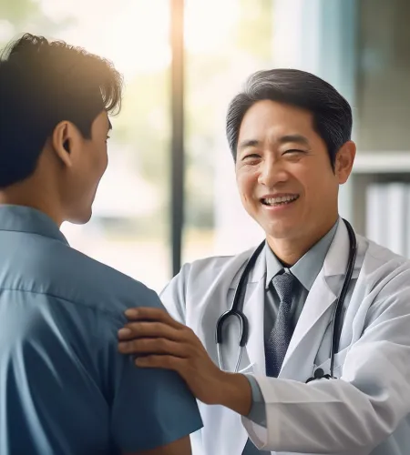 Smiling doctor with stethoscope reassuring a patient with a hand on his shoulder in a bright medical office