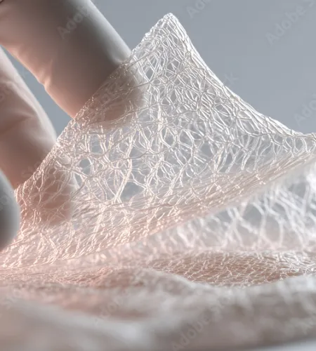 Close-up of gloved hand holding a delicate, translucent, flexible medical mesh fabric.