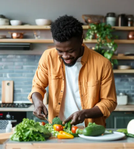 Smiling man in orange shirt chopping fresh vegetables in a modern kitchen with green plants and shelves.