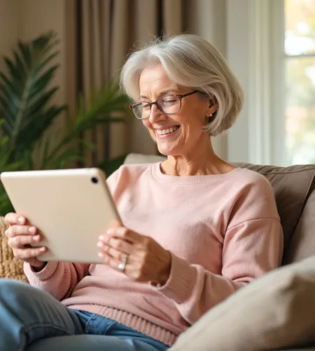 Smiling elderly woman with glasses using tablet at home sitting comfortably on sofa near plant.