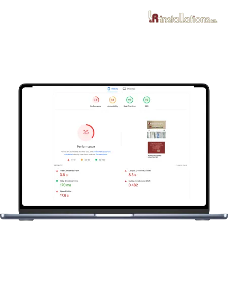 Laptop screen showing website performance metrics with performance score 35 and accessibility 88 on mobile view.