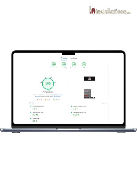 Laptop screen showing 100 scores in performance, accessibility, best practices, and SEO metrics for a mobile website.