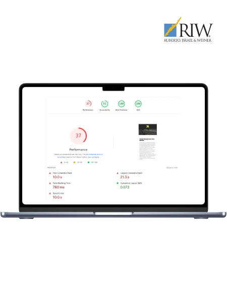 Laptop screen showing web performance metrics with a score of 37 and detailed contentful paint times.
