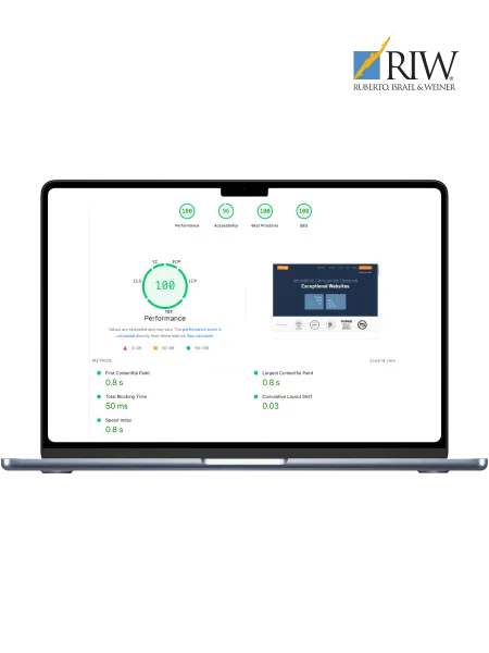 Laptop screen displaying perfect website performance score of 100 with detailed metrics and SEO indicators