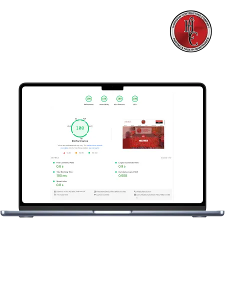 Laptop screen displaying perfect 100 scores in performance, accessibility, best practices, and SEO for a website.