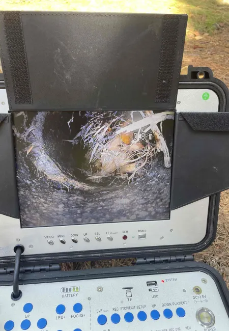 Inspection camera screen shows close-up of a nest inside a hollow space at 0.8 meters depth.