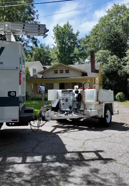 Utility truck towing equipment trailer in a suburban driveway near a yellow house with trees.