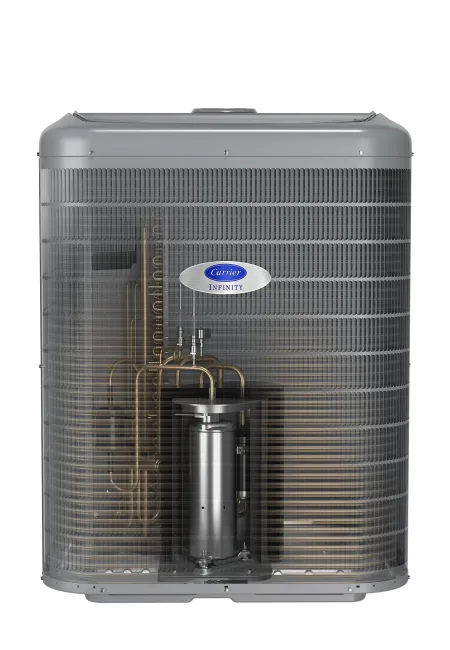 Gray Carrier Infinity air conditioner unit with visible internal copper pipes and compressor against white background