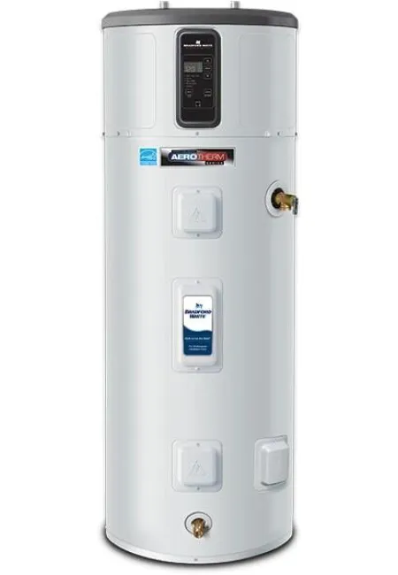 AERO-TEMP hot water heater with digital control panel and sleek storage design.