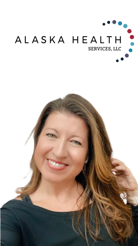 Smiling woman with long hair in black top in front of Alaska Health Services logo on white background
