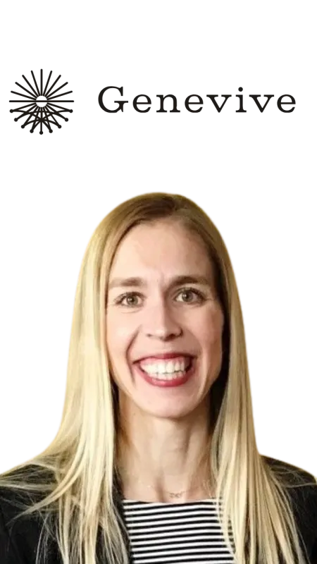 Smiling woman with long blonde hair wearing a striped top and black jacket with Genevive logo above her.