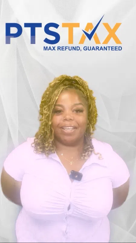 Woman smiling with braided hair and white shirt under PTS Tax logo with max refund guaranteed slogan.