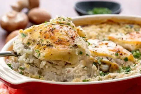 Creamy baked chicken and rice casserole topped with melted cheese and herbs served in a red dish