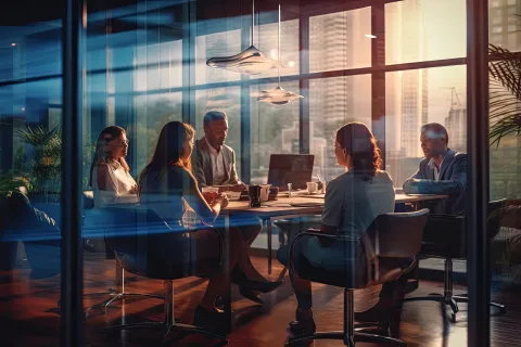 Team of professionals having a meeting in a modern office with large windows and city view at sunset.