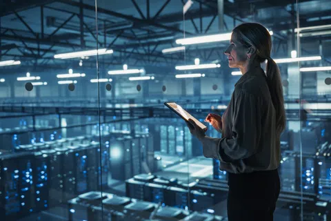 Businesswoman using tablet in a modern data center with servers and blue lighting at night.