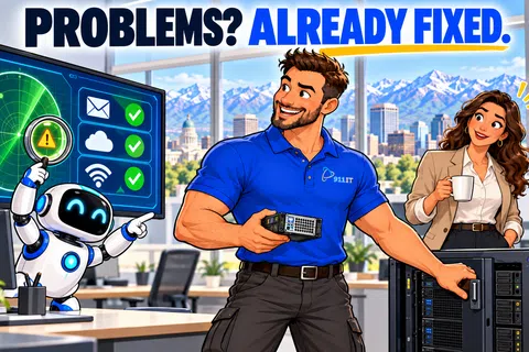 Tech support team and AI robot fixing IT problems in an office with city and mountain view backdrop.