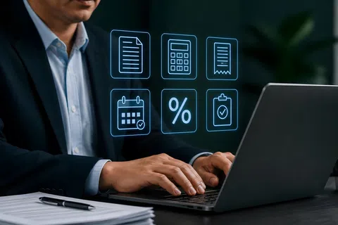 Businessman working on laptop with floating financial and calendar icons in office setting.