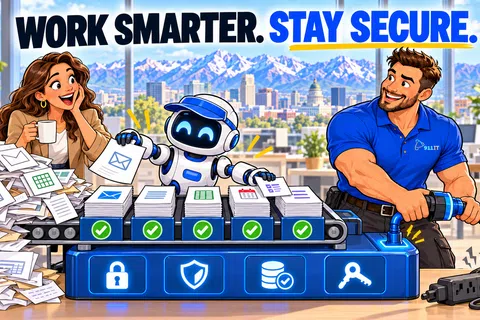 Illustration of a robot organizing documents while a woman and man promote secure, efficient work with technology.
