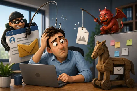 Man at laptop looks worried as cartoon thief and devil use fishing hooks to steal data and deceive him.