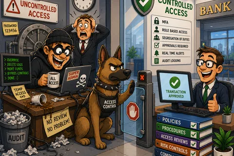 Illustration contrasting uncontrolled bank access with hacker and security dog versus controlled access and transaction approval system.