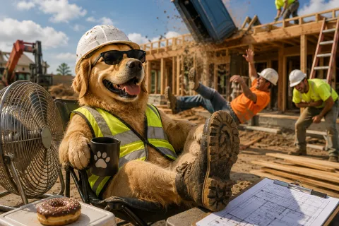 Golden retriever in safety vest and helmet relaxing with coffee at busy construction site with workers and portable toilet accident.